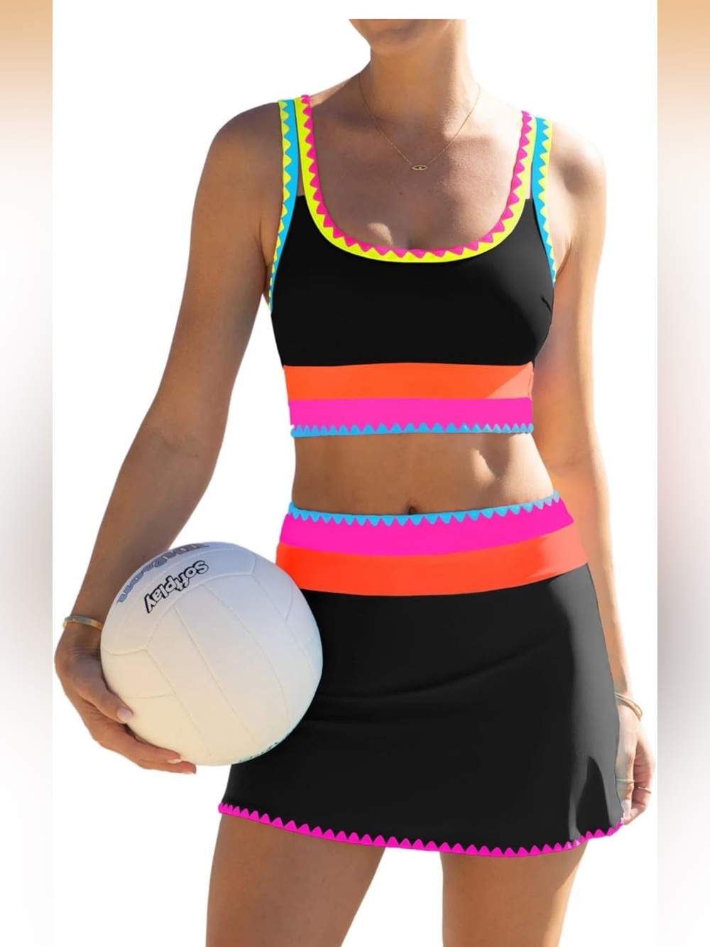 Popvil Black Neon Trim Bikini Set with Skirt High Waisted Bikini Set of 3 nwt
